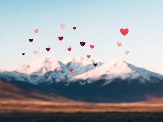 Fototapeta premium Love blossoms over snowy mountains scenic view creative art nature inspirational