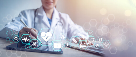 Medical doctor hands working with modern computer interface