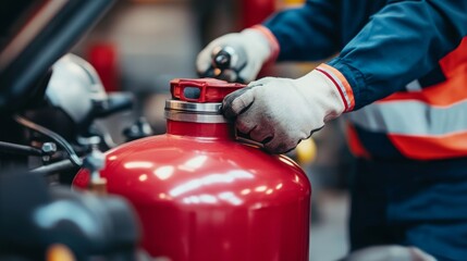 Close-up of a worker handling an LPG cylinder in an industrial setting, wearing a uniform jacket with reflective stripes, gloves, and a helmet, symbolizing safety, hard work, gas industry operations.