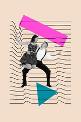 Trend artwork creative sketch 3D photo collage of line design dancer art rhythm professional pose studio young man dance lady pinup style