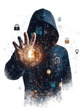 A hacker in a black hoodie holding up their hand with a digital padlock and cyber network on a white background There are various icons representing security Generative AI