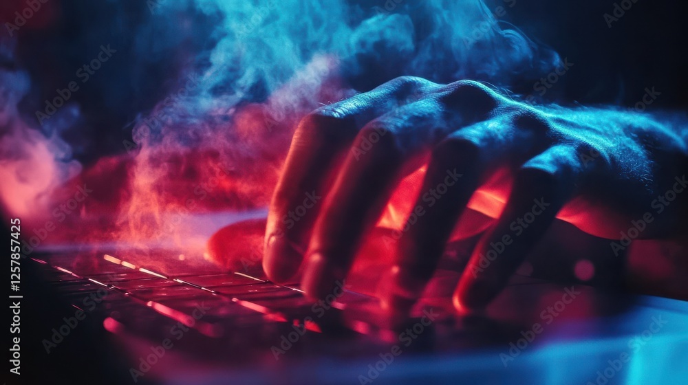 Poster close up of male hands using laptop at desktop with abstract digital cloud on blurry background. clo