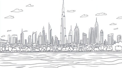 Obraz premium Dubai skyline sketch, waterfront view, sunny day, travel brochure