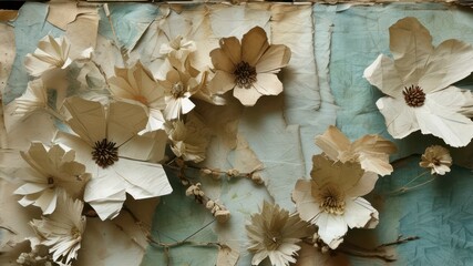 Delicate paper flowers arranged artfully against a textured background, showcasing craftsmanship and visual beauty