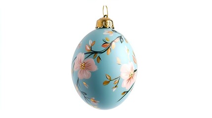 Elegant blue Easter ornament with delicate floral painting and gold accents isolated on white background for festive decor