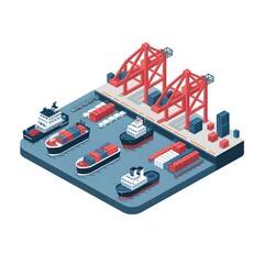 Obraz premium Vector Illustration of a Busy Shipping Port with Cranes, Boats, and Cargo Containers – Ideal for Transportation, Logistics, Maritime Industry, and Supply Chain Management Themes in Graphic Design