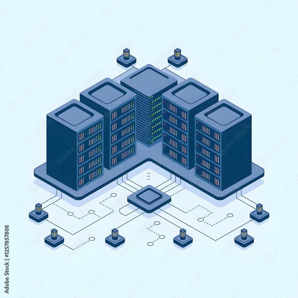 Poster vector illustration of a modern data center with servers and network connections – ideal for it infr