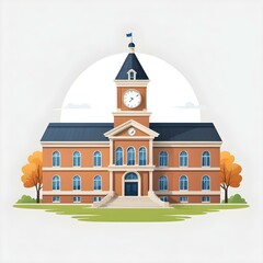 Vector Illustration of a Classic Clock Tower Building with Steps and Surrounding Landscape – Perfect for Education, Municipal, Government, and Architectural Design Themes in Graphic Design