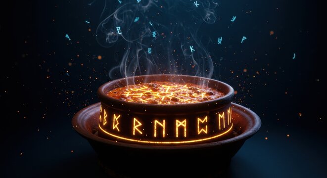 A mystical cauldron bubbling with vibrant orange casuela, surrounded by glowing runes and ethereal smoke