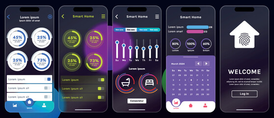 Sleek vector illustration of a smart home app interface displayed on a smartphone. The design features a glass base, modern icons and controls.
