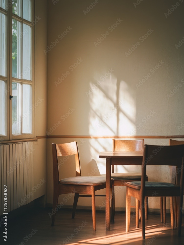 Poster an empty classroom with wooden chairs and a desk. light streams in through the window, illuminating 