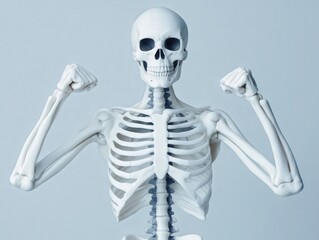 Skeleton flexing muscles demonstrating bone health in studio environment health awareness concept