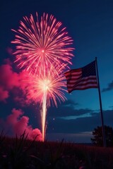 Deep blues and reds of night sky with fireworks exploding against vibrant American flag, Explosions, Stars Night