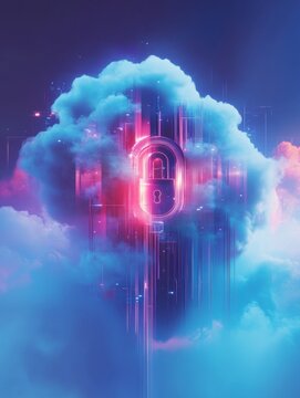 Abstract illustration of cloud security services, stylized cloud icon integrated with a secure padlock symbol, representing data protection and cybersecurity in cloud computing environments.