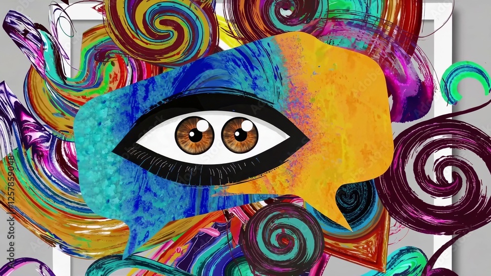 Poster two large, expressive eyes observe a vibrant and dynamic abstract art composition filled with swirli
