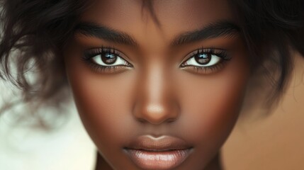 Fototapeta premium Captivating portrait of a young woman with expressive features and deep brown eyes, Mocha Mousse trend color