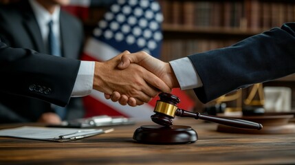 Professional handshake between a lawyer and a client over a desk with a gavel, symbolizing legal agreement, trust, and professional consultation in a corporate office setting.