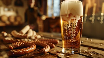 A glass of beer sits on a table with a bunch of hot dogs. The scene is casual and relaxed, with the hot dogs and beer suggesting a laid-back atmosphere