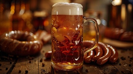 A mug of beer sits on a table with a variety of food items, including hot dogs and sausages. The scene conveys a casual and relaxed atmosphere, as people often enjoy a meal