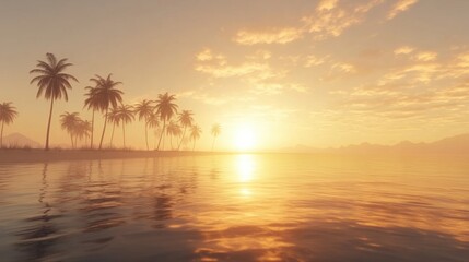 Beautiful sunset reflecting on calm ocean waters with palm trees in the foreground at a tropical location. Generative AI