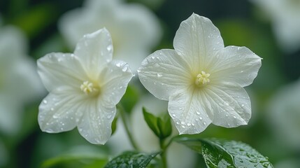 Obraz premium Dew-kissed white flowers, garden, bokeh background, nature photography