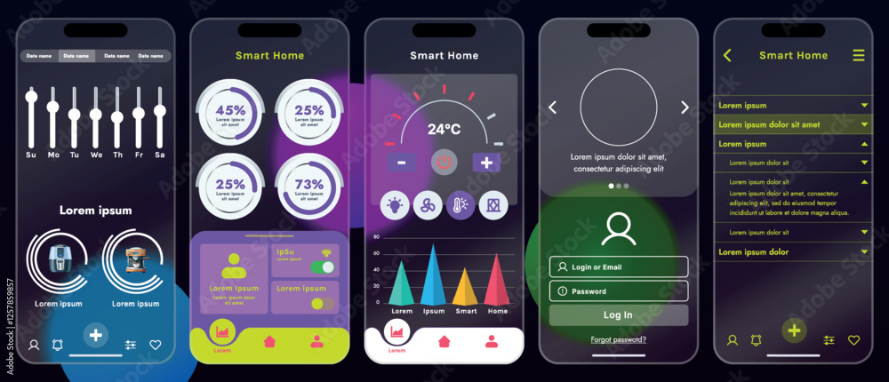 Sticker sleek vector illustration of a smart home app interface displayed on a smartphone. the design featur