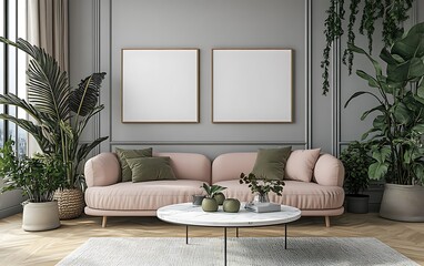 Pink sofa, plants, mockups, modern living room, interior design