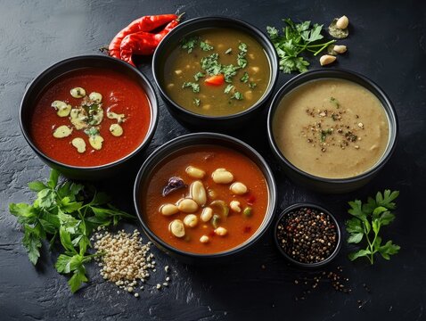 This image showcases a collection of diverse, delicious soups in various bowls. Each soup is accompanied by spices and garnishes, highlighting the variety and flavors available.