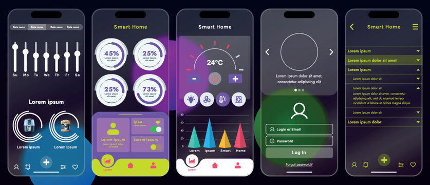 Sleek vector illustration of a smart home app interface displayed on a smartphone. The design features a glass base, modern icons and controls.