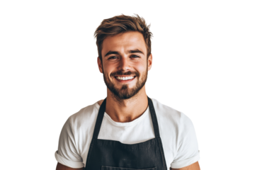 Smiling male chef in black apron isolated on white or transparent, PNG