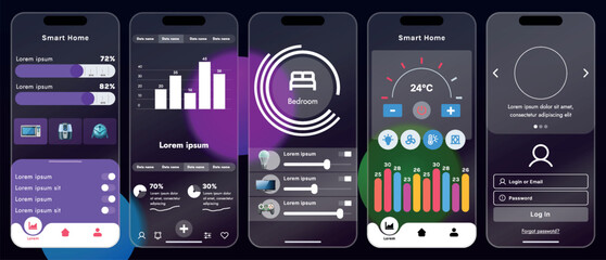 Sleek vector illustration of a smart home app interface displayed on a smartphone. The design features a glass base, modern icons and controls.