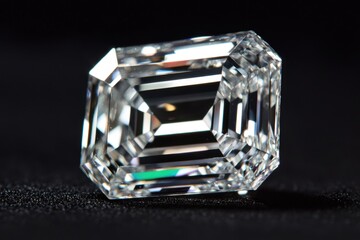 Stunning emerald cut diamond is displayed on a dark surface