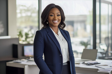 smiling Black American businesswoman wearing a stylish navy-blue blazer and white blouse, standing proudly in a modern office