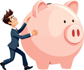 Vsai businessman pushing a huge piggy bank, saving money and investing