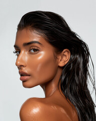 A photograph of a woman of color in profile with long, wet black hair and glistening skin against a white background. A beauty and self-care concept highlighting skincare and haircare, capturing a fre