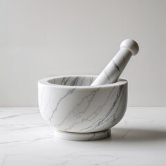 minimalist and elegant style, showcasing a white marble mortar and pestle set against a plain white background.