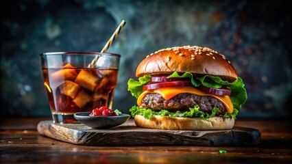 Juicy gourmet burger, dark cocktail, moody shadows; a decadent still life.