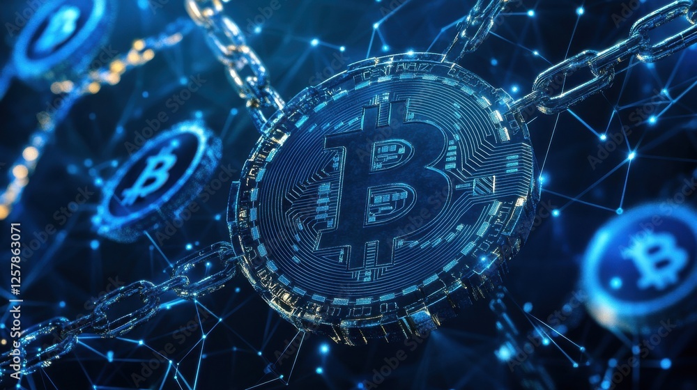 Poster blockchain technology futuristic hud background with world globe and blockchain polygon peer to peer