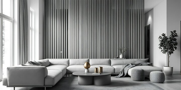 Modern gray living room, sectional sofa, slatted wall, potted plant. Interior design