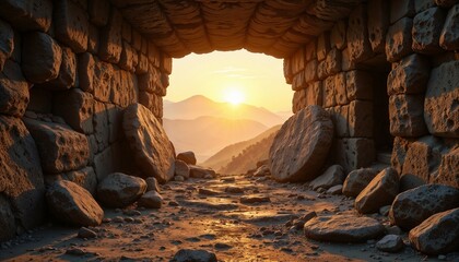 Empty tomb with stone entrance illuminated by morning light for Easter celebration
