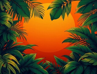 frame of palm trees, Sunset and deep green of the rainforest