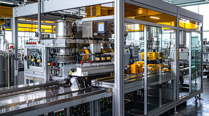 A large food industry factory with sophisticated machines and production lines in action, emphasizing the scale and precision of the machinery, all in a clean, organized environment. 