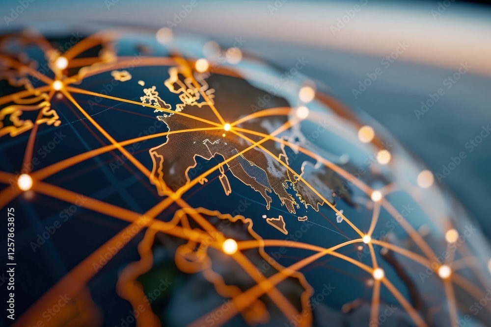 Poster global network connections over europe depicted in digital render with bright lines and earth view f