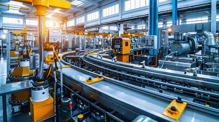 Fototapeta premium A large food industry factory with sophisticated machines and production lines in action, emphasizing the scale and precision of the machinery, all in a clean, organized environment. 