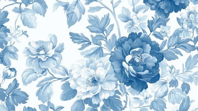 Delicate blue floral pattern on white background, evoking serenity and classic beauty. Suitable for fabric design, wallpaper, and elegant stationery.