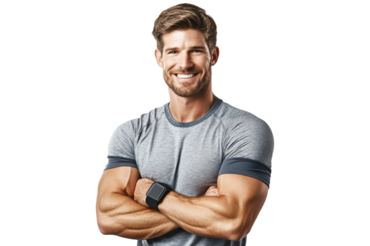 Handsome fitness coach wearing sportswear smiling warmly isolated on white or transparent, PNG