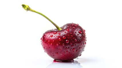 Luscious red cherries, organic texture, glistening with water droplets, isolated on a high-resolution background.