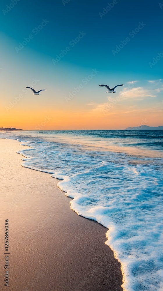 Poster serene scene of seagulls soaring over a deserted beach at the tranquil hour of twilight with vibrant