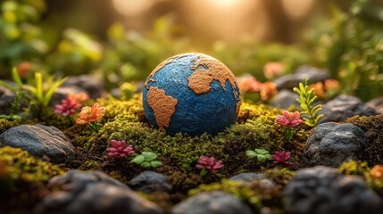 Earth model in forest, sunset, nature, ecology