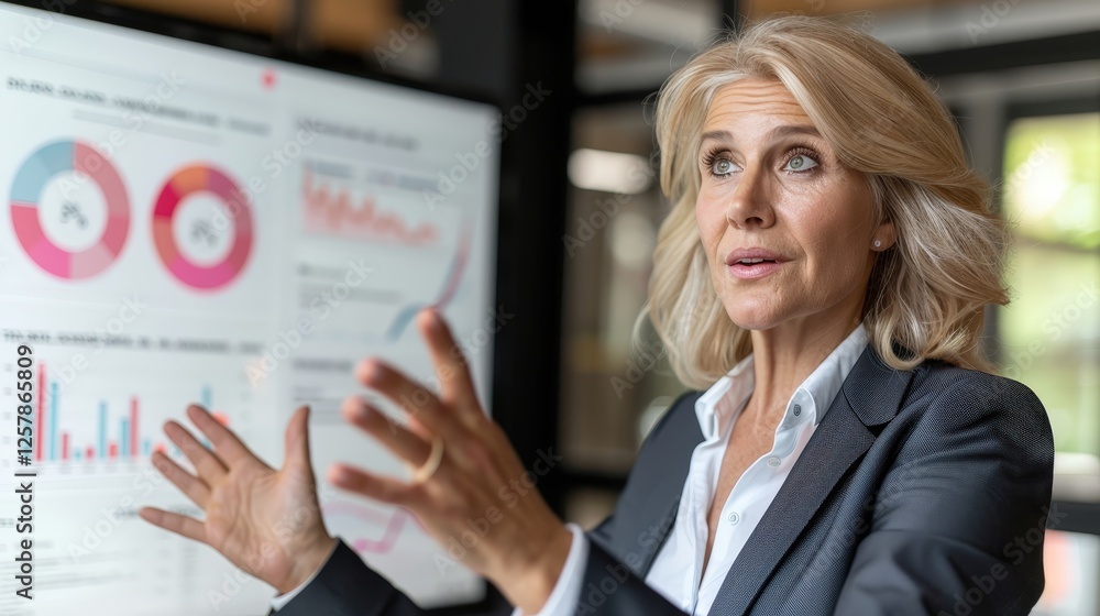 Poster professional woman presenting business analytics in a modern office setting with vibrant graphs and 